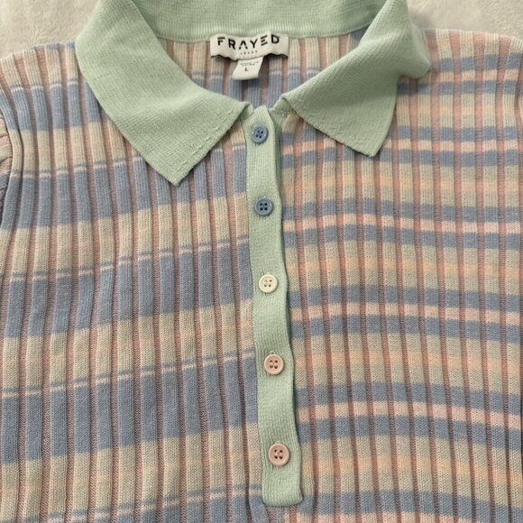 Frayed Denim Ribbed Collared Top Tennis Stripes 80s 90s Preppy Size Large - Picture 12 of 14